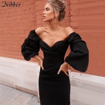 Nibber sexy pure V Neck off shoulder bodycon dress women autumn winter club party night red Elegant midi dress Mujer black dress